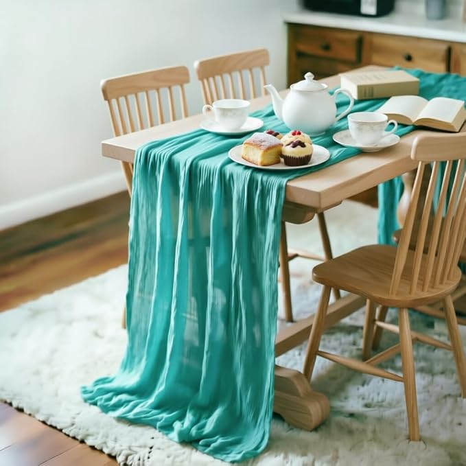 LINXTAR Teal Cheesecloth Table Runner 120 Inches 10Ft Gauze Summer Boho Table Runner for Wedding Tea Party Baby Shower Bridal Birthday Home Decoration