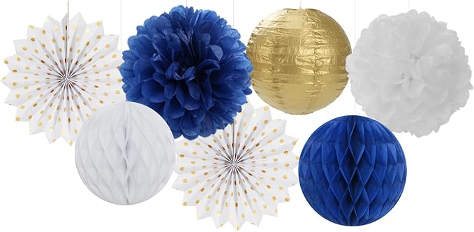 Navy-Blue White Gold Party Decorations - 14pcs Kits Paper Lanterns Fan,Tissue Flower Pom Poms Streamers,Honeycomb Balls,Graduation 2026 Men Birthday Wedding Baby Bridal Shower Decor Lasting Surprise