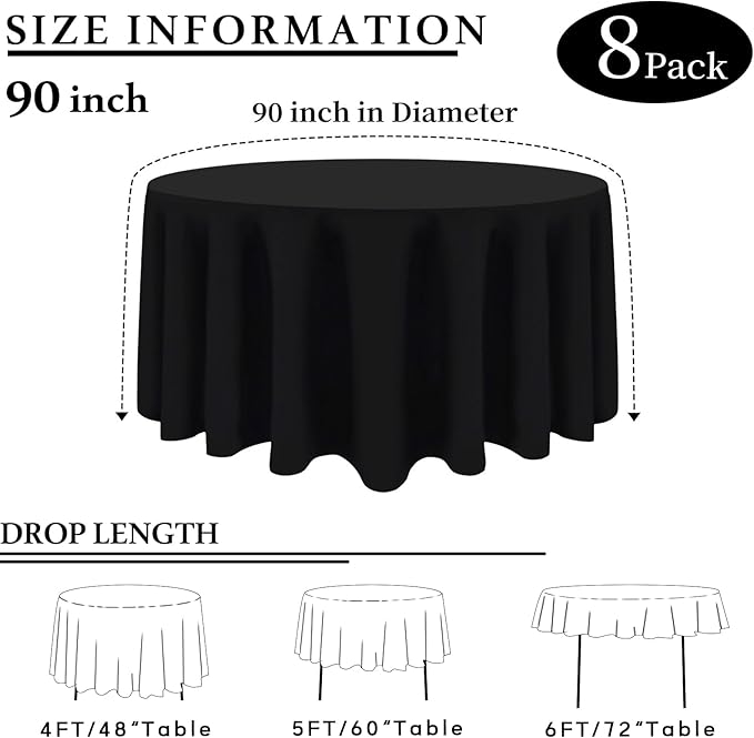 8 Packs 90 Inch Black Round Tablecloth in Diameter, Washable Polyester Fabric Tablecloths, Wrinkle Resistant Table Cloth for Wedding Party Banquet Dining