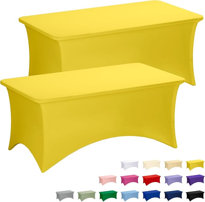 Fixwal Yellow Stretch Table Cloth Rectangle 2 Pack 6Ft, Spandex Fitted Table Covers Washable for Party, Trade Show, Banquet, Wedding, Buffet