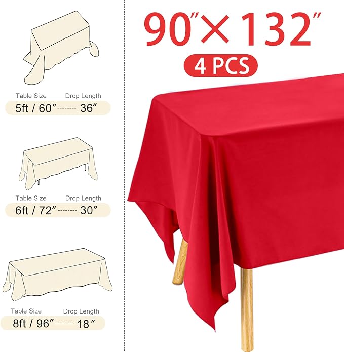 4 Pack Rectangle Tablecloth 90x132Inch Red Washable Polyester Table Cover for Wedding Dining Table Buffet Parties Banquet Decoration（Red）