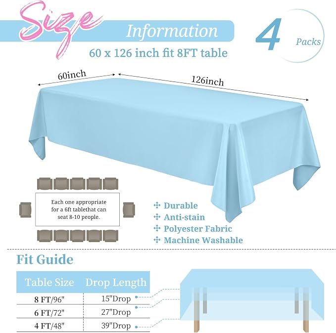 Showgeous 4 Pack Light Blue Tablecloths for 8 Foot Rectangle Tables 60 x 126 Inch, 8ft Rectangular Washable Polyester Table Cover for Wedding Party Banquet