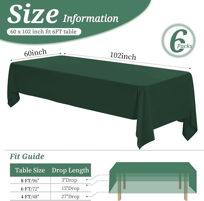 6 Pack Tablecloth 60 x102 inch Polyester Table Cloth for 6 Foot Rectangle Tables,Stain and Wrinkle Resistant Washable Fabric Table Covers Polyester Hunter Green Table Clothes for Wedding,Party,Banquet