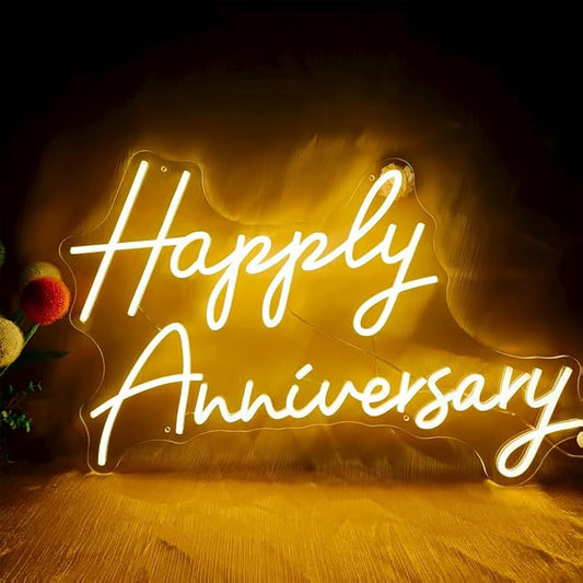 25X17" Large Happy Anniversary Neon Sign with Remote Dimmer, LED Celebratory Neon Lights Sign for Wedding Anniversary Party Wall Decor, Dimmable Light Up Sign for Livingroom, Bar, Shop, Warm White