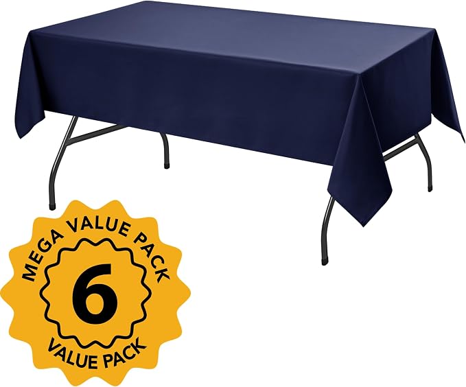 6-Pack Navy Blue Tablecloths for Rectangle Tables, 60 x 102 Inches, Stain-Resistant Polyester Fabric for 6 Foot Tables - Washable Table Covers for Weddings, Banquet, Birthday, Parties, Events