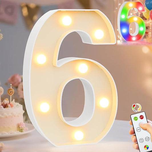 Pooqla LED Light Up Numbers 6, Warm White and Colorful Lighted Marquee Numbers with Remote, Lighted Numbers for 6th 16th Birthday Decorations, Gift for Girls Boys Her Him Anniversary Home Party Decor