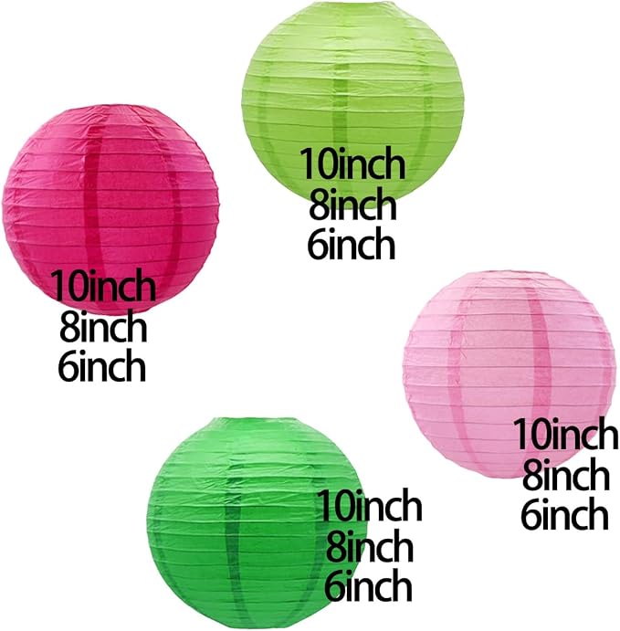 CC wonderland zone 12pcs Hot Pink and Green Paper Lanterns,Hanging Paper Lanterns for Bridal Shower Rustic Boho Birthday Wedding Home Decor Party Decoration