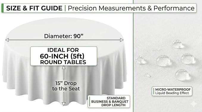 90 Inch Round White Tablecloth 8 Pack, Premium Soft Touch & Elegant Drape, Wrinkle Free Lightweight Circular Table Cover, Washable & Micro-Waterproof for 5 Foot Tables, Wedding, Banquet