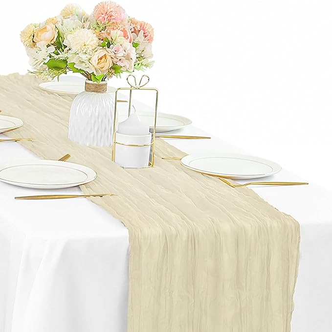 Beige Cheesecloth Table Runner 10FT Runner for Tables Boho Gauze Fabric Table Runner Decoration Rustic Sheer Runner for Wedding Bridal Shower Birthday Party Table Decor (35 x 120 Inches Long)