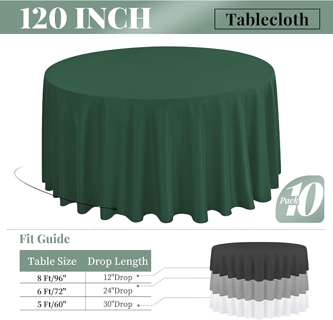 fani 10 Pack 120 Inch Round Hunter Green Polyester Tablecloths for Round Table, Stain and Wrinkle Resistant, Perfect for Wedding Party Dining Table Buffet Banquet Restaurant