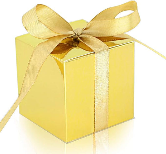 KPOSIYA 70 Pack Favor Boxes 2x2x2 inch Candy Boxes Gold Gift Boxes with Ribbons for Wedding Baby Shower Decorations Birthday Party Supplies