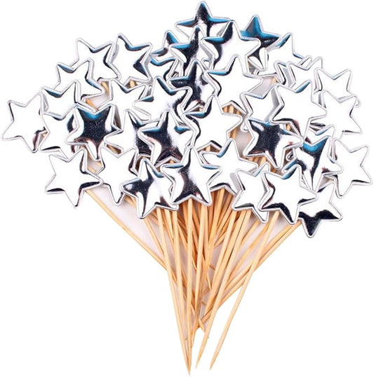 ECYC 50 Pcs Star Glitter Cake Topper, Twinkle Cupcake Picks for Wedding Birthday Baby Shower Party,Silver