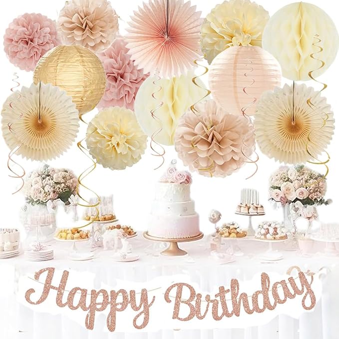 Boho Happy Birthday Party-Decorations Champagne-Gold Beige 34pcs Hanging Swirls,Tissue Paper Pompoms,Circle Dots Garland,Tassel Garland (Champagne Gold Birthday Set)