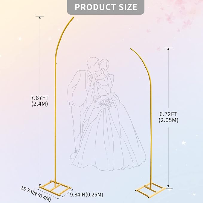Metal Wedding Arch Stand,Set of 2 Gold Curved Top Arch Backdrop Stand Wedding Arches for Ceremony Birthday Anniversary Baby Shower Floral Stand Background Decoration (Gold,7.8FT & 6.7FT)