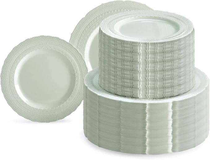 OCCASIONS 240pc Heavy Duty Disposable Plastic Plates Set for 120 Guests – 120 Dinner (11") & 120 Salad/Dessert (8.25") Plates – BPA Free, Chateau Mint