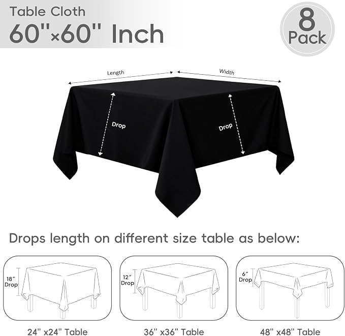 8 Pack Black Square Tablecloth 60x60 Washable Polyester Table Cloth for Square or Round Tables, Wrinkle Resistant Fabric Decorative Covers for Dining Party Banquet Buffet and Wedding