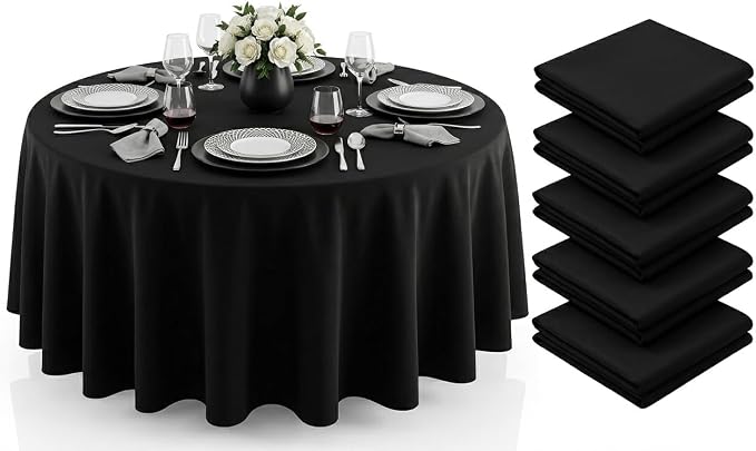 6 Pack 90 Inch Round Black Polyester Tablecloth Bulk Washable Wrinkle Resistant Table Covers for Wedding Dining Table Buffet Parties Banquet Event Decoration