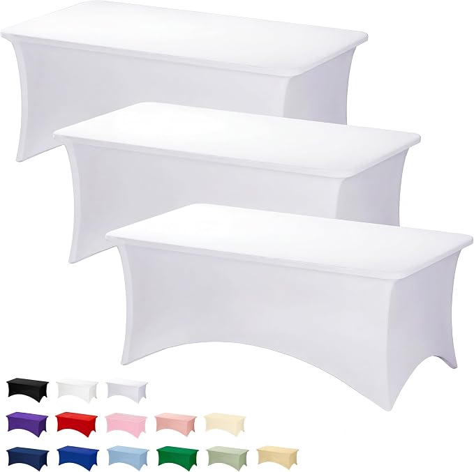 Fixwal 3 Pack White Table Cloths Rectangle 6FT, Tablecloths Rectangular Stretch Spandex Fitted Table Covers 6FT for Party, Trade Show, Banquet, Wedding, Buffet, Graduation Decoration