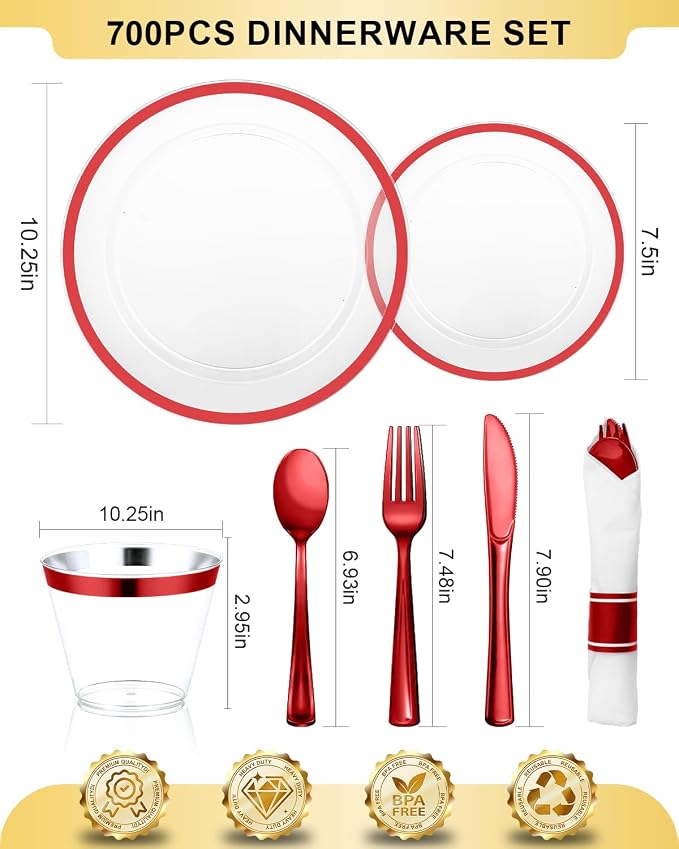 BESTVIP 700PCS Disposable Clear Red Dinnerware Sets for 100 Guests, Plastic Plates for Party, 200 Plastic Plates,100 Cups, 100 Pre-Rolled Napkins with Cutlery for Parties, Christmas, Wedding