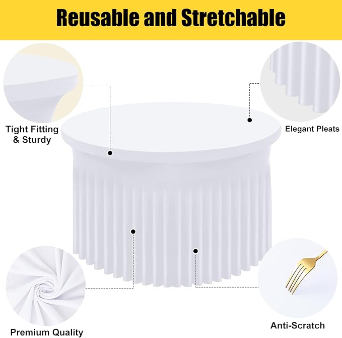 Smiry Round Spandex Tablecloth, Elastic Fitted Washable Tablecloths for 48 Round Tables, Waterpoof Stretch Table Cover Skirt for Outdoor, Wedding, Banquet & Parties, White