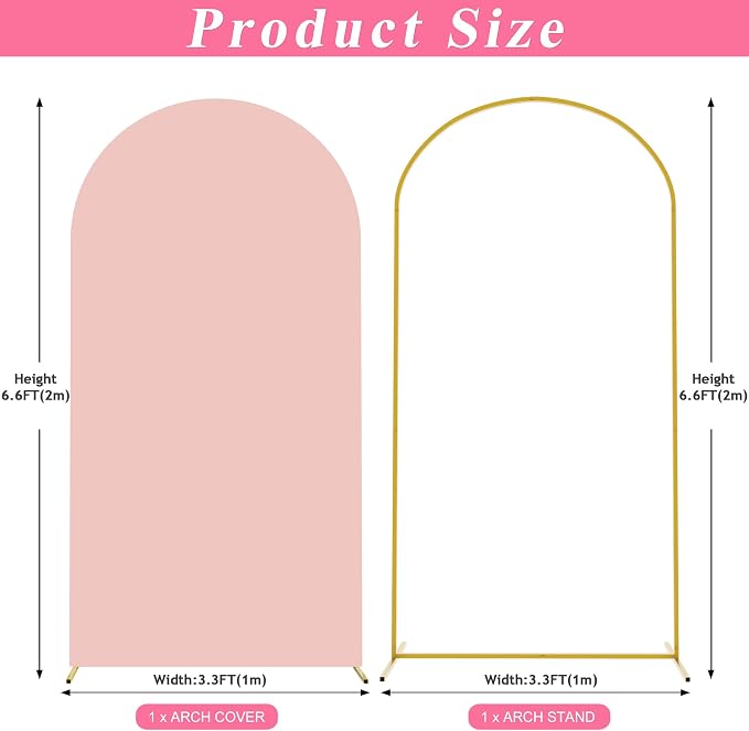 Putros Arch Backdrop Stand and Cover Set, 6.6ft, Gold Arch Stand with Pale Pink Cover, Metal Arched Background Frame for Wedding, Birthday Party, Baby Shower, Photography Decoration