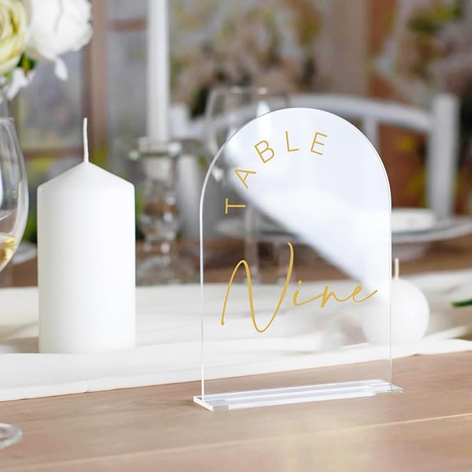 JINMURY Acrylic Arch Table Numbers with Stands, 5x7 Inch Acrylic Arch Sign Table Numbers for Wedding (Clear Gold Font, 5x7 Inch Table Number 1-30)
