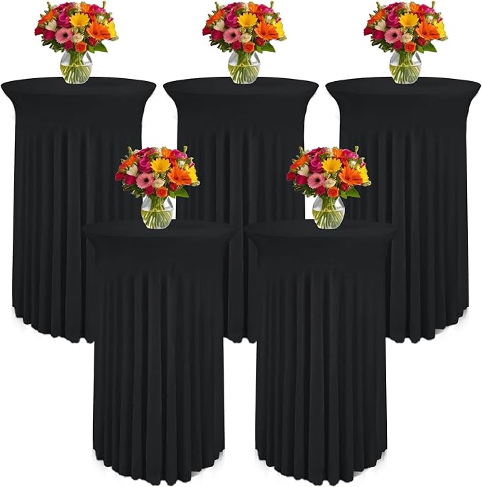 WJWHQ 5 Pack Round Spandex Cocktail Tablecloths with Skirt - Stretch Table Covers for High Top Bar, Wedding, Party, Banquet (Black, 32 x 43 Inch)
