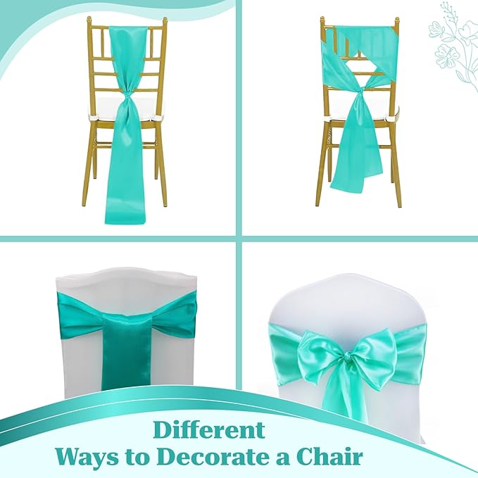MDS Satin Chair Sashes, 50 Pack, 7”x108” Each, Decorative Chair Bows Ribbon Tie Backs for Wedding Party, Holiday Dinner, Birthday, Reception, Banquet, Hotel & Event Decoration - Sea Green