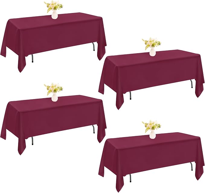 4 Pack Rectangle Tablecloth 60x102 Inch Burgundy Washable Polyester Table Cover for Wedding Dining Table Buffet Parties Banquet Decoration（Burgundy）
