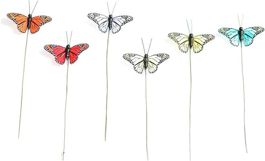 HNH 2.5” Mini Butterfly Decorations 3D Feather Butterfly with 6 inch Green Wire Set 6 Color of 24pcs Papillon Butterflies Decor Ornaments for Flower Bouquets Crafts - Ideal for Home & Garden (1803GW)