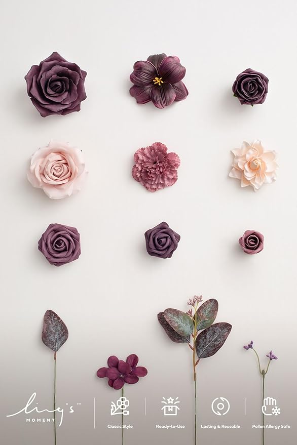 Ling's moment Fake Flowers Box, Faux Artificial Greenery Stems Foam Roses Tulip Silk Hydrangea Eucalyptus Fabic Flower for Centerpieces Bouquet Wedding Vase Decorations, Plum & Plum Lily, Mini Combo
