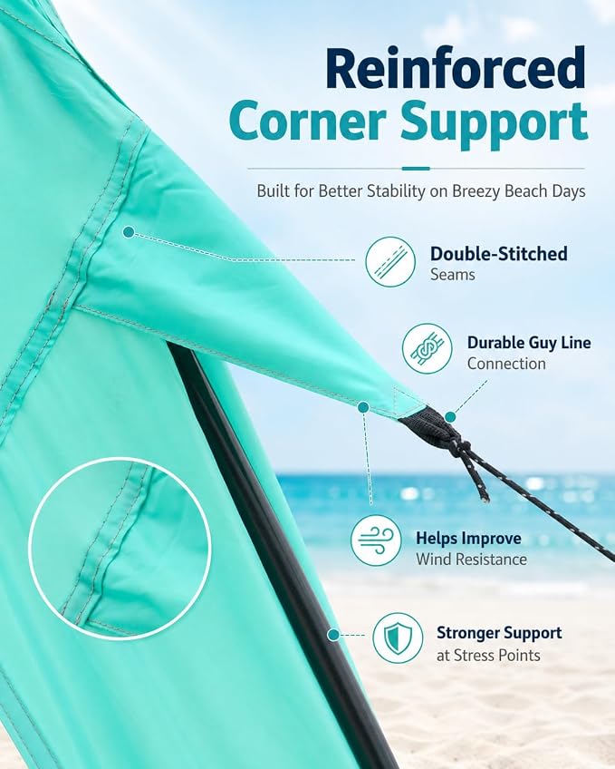 10x10 Beach Canopy with Side Wall, UPF 50+ Sun Shelter, Green | Removable side wall, UPF 50+ sun protection, easy setup, wind-resistant support, sandbags and carry bag.