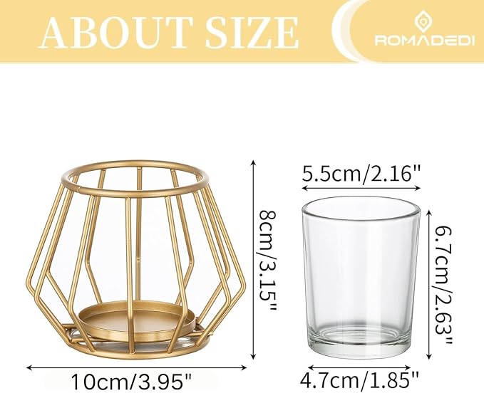 Geometric Tea Light Candle Holders - Wedding Centerpiece for Tables Morden Metal Votive Tealight Candles Stand with Glasses Coffee Home Room Decor Wedding Party Birthday Decoration, Gold 12 pcs