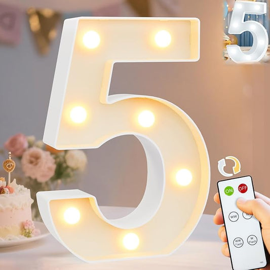 Pooqla LED Light Up Numbers, Marquee Number with Remote for 5th Birthday Decoration, Lighted Numbers Gift for Boys Girls Party Backdrop Wedding Anniversary Decor, Warm White and Cool White Number 5