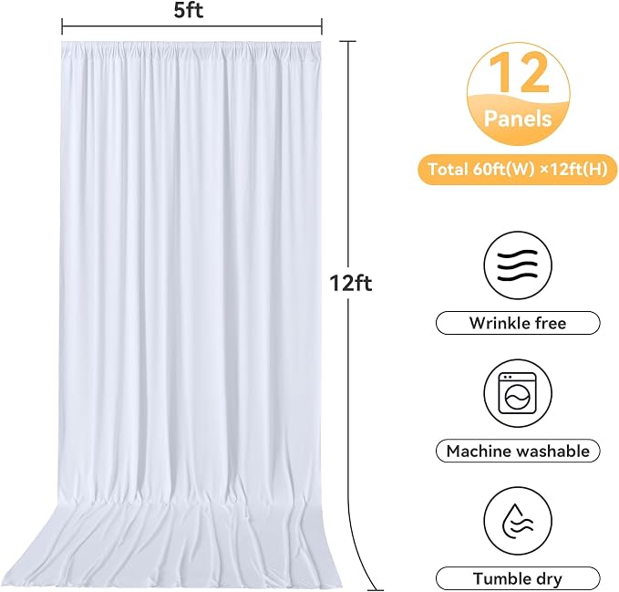 12 Panels 5x12ft White Backdrop Curtains for Parties, Wrinkle Free Polyester Photo Backdrop Drapes 12 ft Long Back Drop Cloth Drapery for Wedding Birthday Baby Shower Photography Party Background