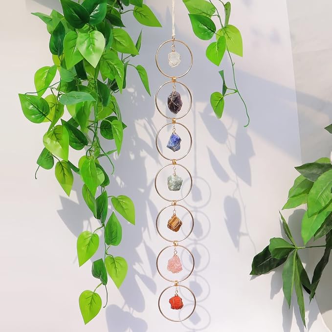 7 Chakra Crystal Hanging Ornament, Unique, Spiritual Boho Wall Decor, Raw Chakra Stones Amethyst Suncatcher, Rose Quartz Healing Crystal (Gold)