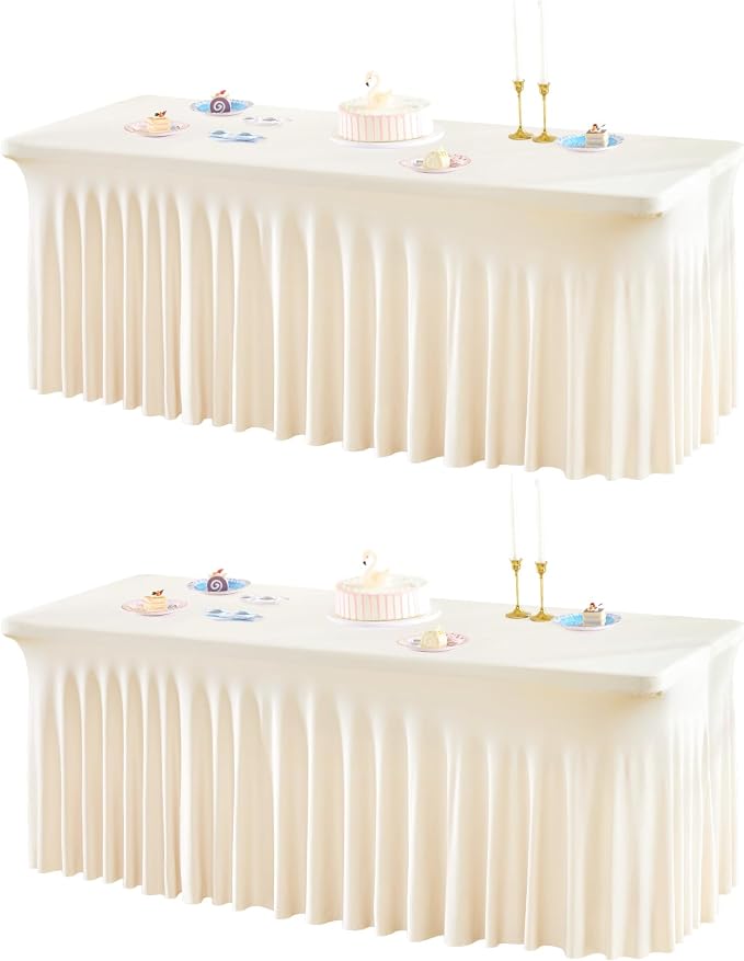 2 Packs Ivory Spandex Table Clothes for 4 Foot Rectangle Table, Spandex Table Covers 4FT Stretch Table Skirts Rectangle Tables Wrinkle Free Fitted Table Cover for Event, Wedding, Banquet & Parties