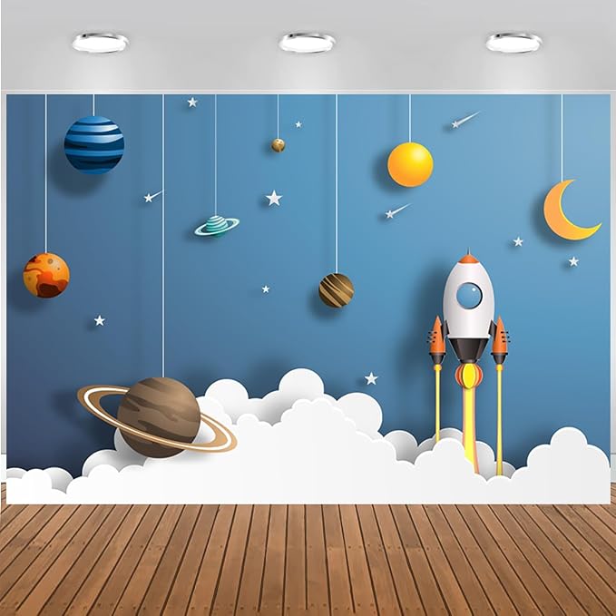 7x5FT Space Backdrop Cartoon Universe Planet Galaxy Rocket Photography Background Kids Boys Girls Birthday Party Baby Shower Decorations Banner Photo Booth Props