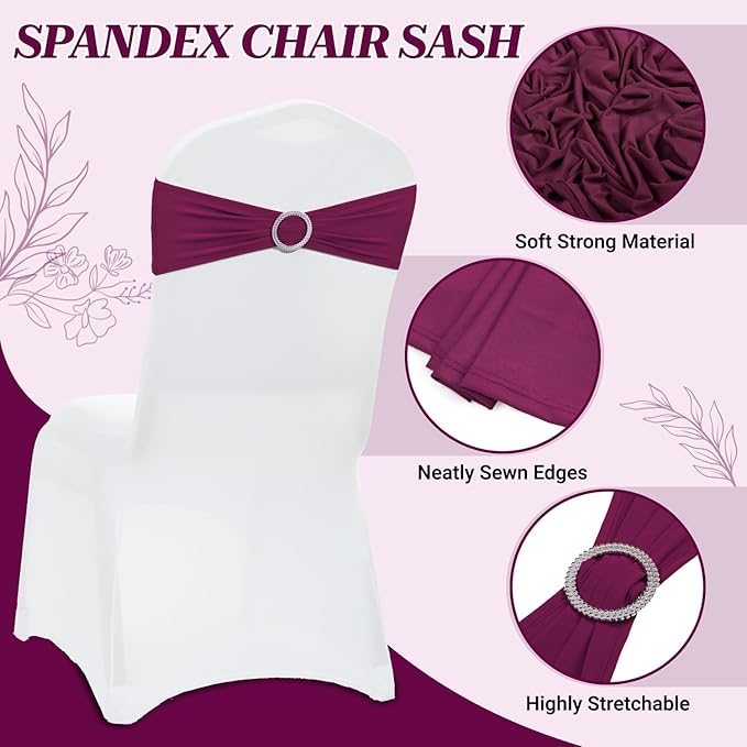 MDS Pack of 75 Spandex Chair Sashes Bow Premium Stretch Chair Cover Band with Buckle Slider Universal fits Elastic Dining Chair Ties for Wedding Party Banquet Events Decoration - Eggplant