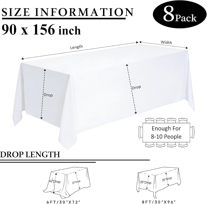8 Packs White Table Cloth Rectangle 90x156 Inch for 8 Foot Rectangle Tables, Wrinkle Resistant Polyester Fabric Tablecloth Washable Rectangular Table Covers for Dining Wedding Party Buffet