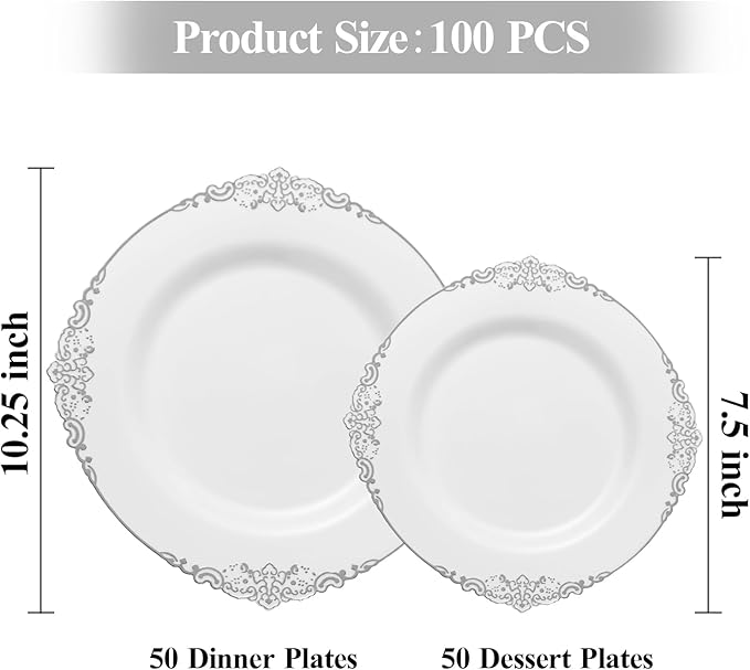 Bestluck 100 PCS White and Silver Plastic Plates for 50 Guests, Rose Gold Disposable Plates Include 50 PCS Dinner Plates, 50 PCS Dessert Plates for Party, Wedding and Baby Shower