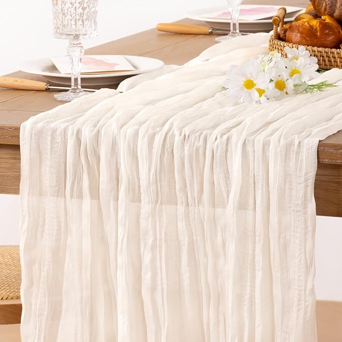 MLMC 2 Pack Ivory White Table Runner Rustic Gauze Cheesecloth Table Runner 10ft Cheese Cloth Centerpiece Decor 35x120 Inches for Dessert Anniversary Wedding Bridal Baby Shower Decor