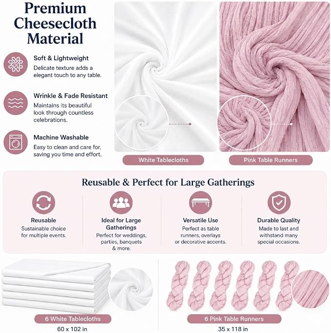 Cinrobiye 12 Pack Boho Wedding Table Decor Set, 6 White Tablecloths and 6 Cheesecloth Table Runners, Gauze Table Runner and Tablecloth Kit for Wedding Baby Shower Bridal Shower Party Reception(Pink)