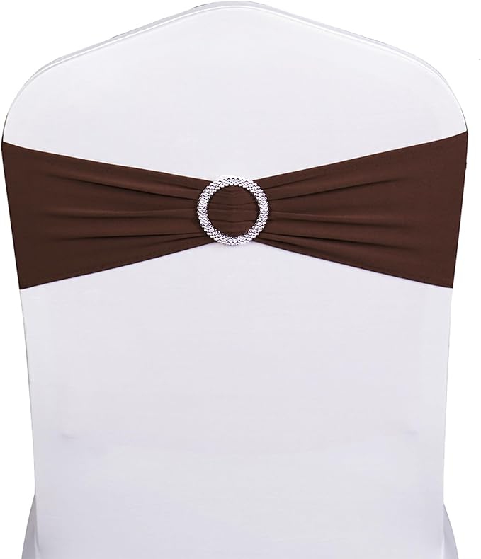 100PCS Stretch Wedding Brown Chair Sashes Bands with Buckle Slider Sashes Bow Decorations 25 Colors (Chocolate)