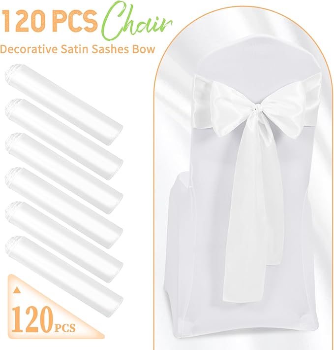 120 PCS White Satin Chair Sashes, Ties Bows Designed Chairs Decorative, Chair Cover Sashes for Thanksgiving Wedding Christmas Banquet Party Home Kitchen Decoration (7 x 108 inch)