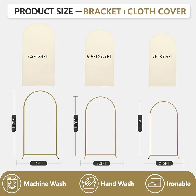 Arch Backdrop Stand and Cover Set, 3 Metal Balloon Arch Backdrop 7.2ft 6.6ft 6ft, Gold Arched Stand Frame for Wedding, Parties,Birthday, Backdrop Decorations (Beige,7.2ft+6.6ft+6ft)