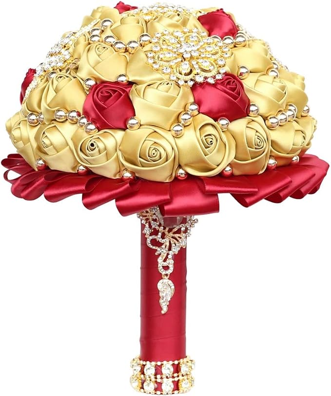 Burgundy and Gold Wedding Bouquet Luxury Gold Rhinestone Brooch Bridal Bouquet for Bride Bridesmaid Quinceanera Holding Artificial Satin Rose Flower Wedding Bouquet 7.1in