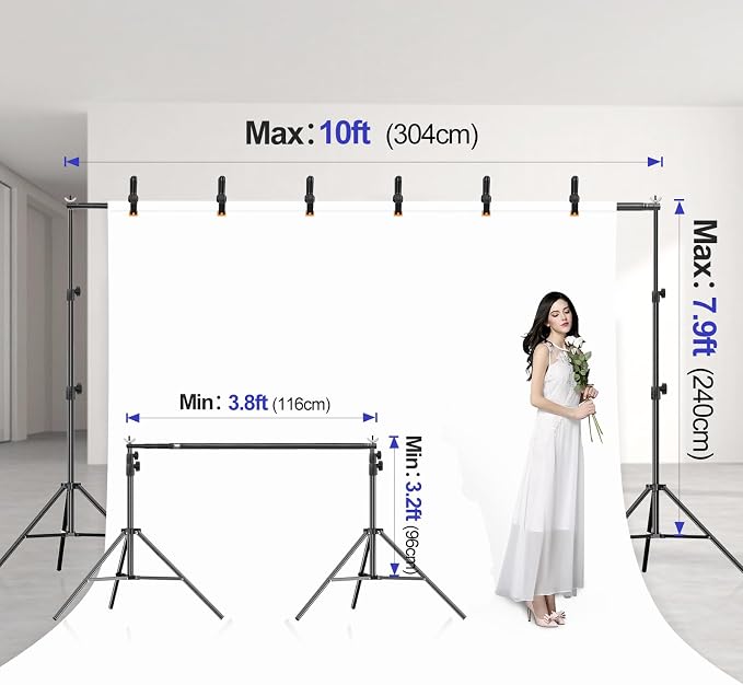 EMART 10x7.9FT Backdrop Stand, Photo Video Studio Adjustable&Lockable Heavy Duty Background Support System Kit with 6 Backdrop Clamps, 2 Sandbag and Carry Bag for Photography, Parties, Wedding, Video