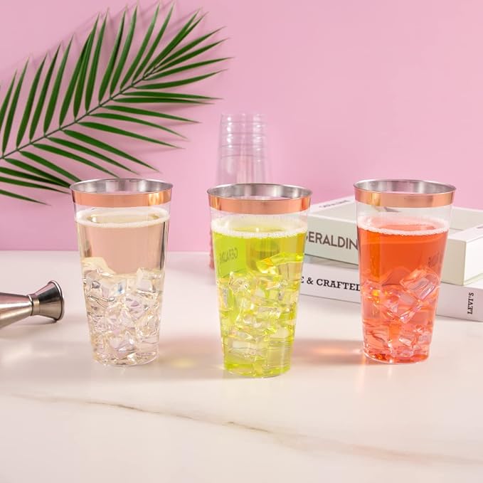 LIYH 100 Pcs Rose Gold Plastic Cups 16 oz - Clear Plastic Tumblers Rose Gold Rimmed Cups Fancy Disposable Wedding Cup Elegant Party Drinking Cup 480ml