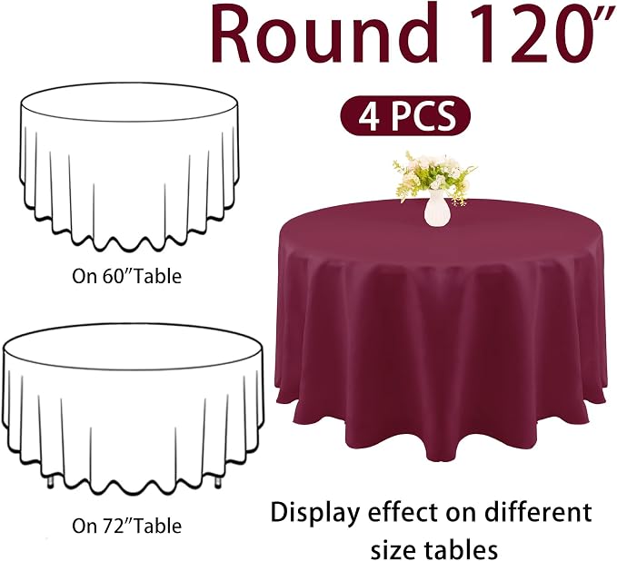 4 Pack Round Tablecloth 120 Inch Polyester Burgundy Tablecloths Washable Fabric Table Covers for Wedding Dining Table Buffet Parties Banquet Decoration（Burgundy）
